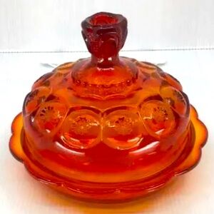 LE Smith Moon and Stars Amberina red yellow lidded cheese butter dish 8” covered